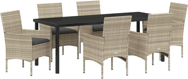 vidaXL Garten Essgruppe aus Poly Rattan und Stahl mit Glasplatte und Kissen, 7-teilig, Dunkelgrau-hellgrau - Bild 1