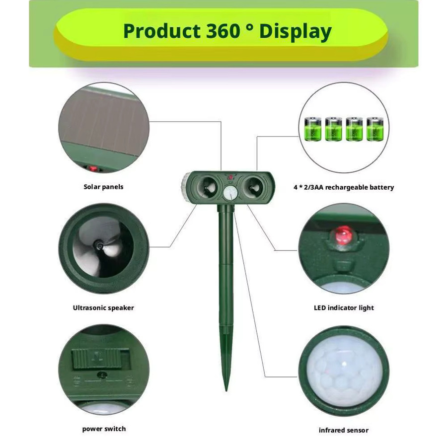 KITPIPI Solar Ultraschall-Tierabwehr mit LED-Licht und Alarm für Garten und Outdoor, Farbe: Grün - Bild 2