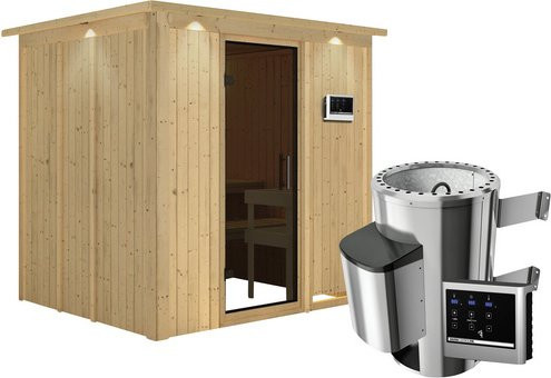 Karibu Sauna Olai aus Fichtenholz mit 3,6 kW Saunaofen und externer Steuerung für 3 Personen, Farbe: beige/grau, B/T/H: 202,0 x 184,0 x 210,0 cm - Bild 1
