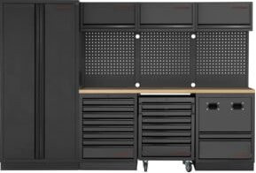 Kraftwerk 4-Element-Schrankwand mit Vierkantlochwand in Schwarz aus Holz und Edelstahl mit abschließbarem Element - Bild 1