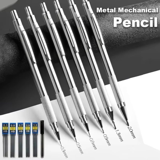 Metall-Druckbleistift-Set aus Edelstahl in Silber mit Minenstärken von 0,3 mm bis 2,0 mm für Schule und Kunst - Bild 1