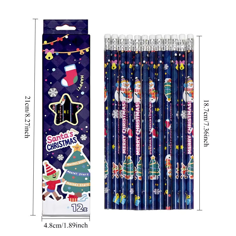 12 Stück TWBEB Weihnachts-Bleistifte 2B aus Holz mit Radiergummi, bunte Cartoon-Schreibstifte für Schüler und Studenten - Bild 5