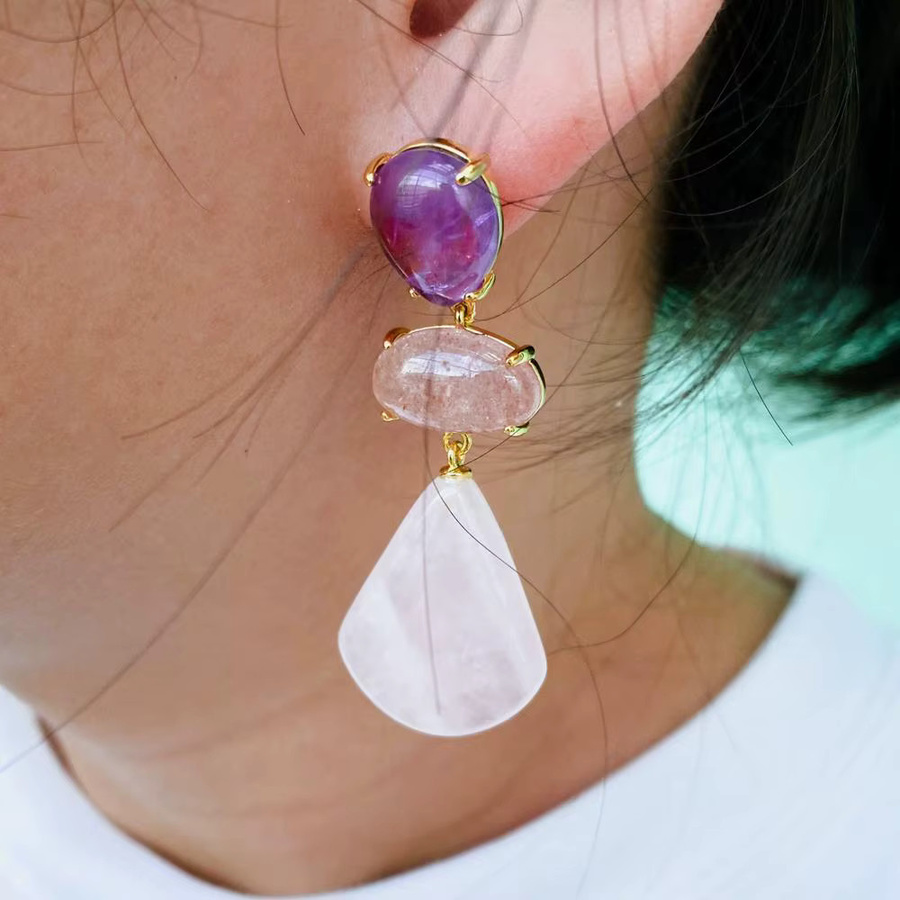 YYGEM Ohrstecker, vergoldet, Amethyst, Erdbeerquarz - Bild 4