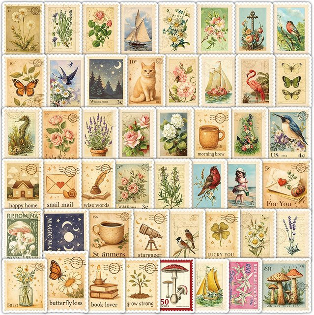 50 Stück Vintage Aufkleber im Retro-Poststempel-Stil für dein Tagebuch und DIY-Dekoration, Multicolor - Bild 1