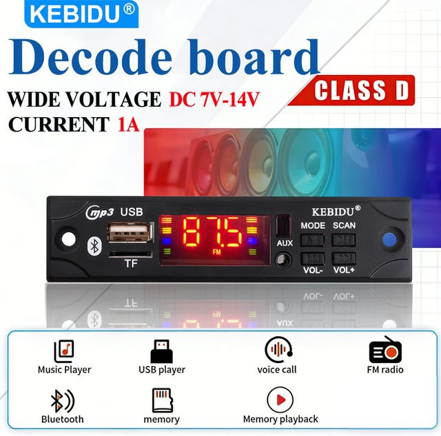 KEBIDU Bluetooth 5.0 MP3 WMA Decoder-Board mit Fernbedienung, kabelloser Musikplayer für Auto-Audio mit USB, TF, FM Radio und AUX in Schwarz - Bild 1