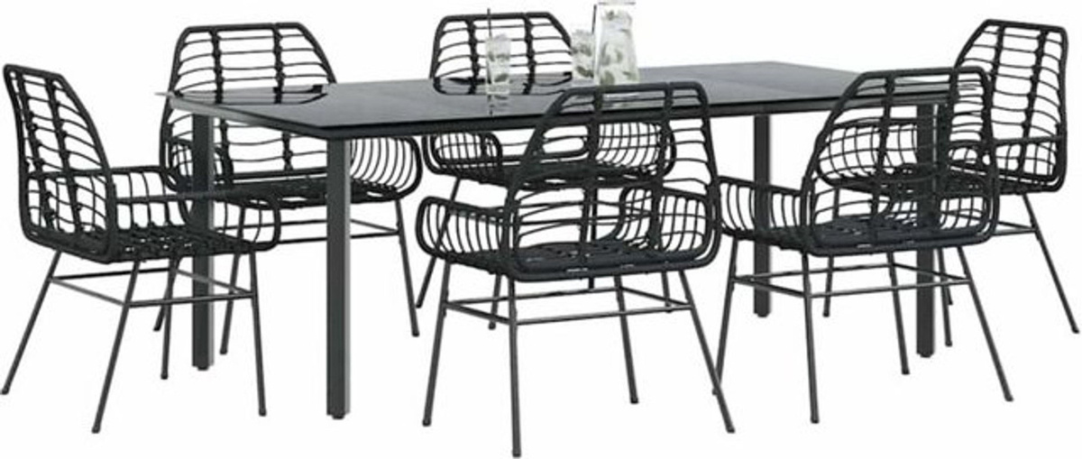 Vidaxl 7-teiliges modernes Garten-Esszimmerset aus schwarzem Polyrattan mit Glas und Metall - Bild 1