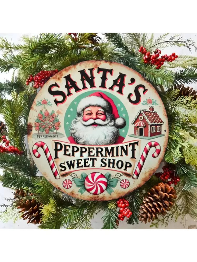 Potdemiel Vintage Santa's Mint Candy Shop Metallschild Weihnachts-Wanddekoration rund, Mehrfarbig, Durchmesser: 20 cm - Bild 5