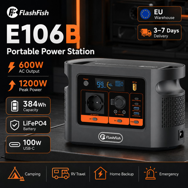 FlashFish E106B Tragbare Powerstation in Grau mit 384Wh Kapazität, 600W Dauerleistung und 1200W Spitzenleistung, LiFePO4 Solargenerator mit reiner Sinuswelle, 100W PD und 200W Solareingang - Bild 1