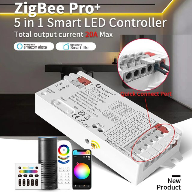 CENFAYA Intelligenter ZigBee 3.0 LED-Controller 5-in-1 für RGBWW RGBW RGB CCT COB LED-Streifen, 12V 24V 20A, kompatibel mit Alexa - Bild 1