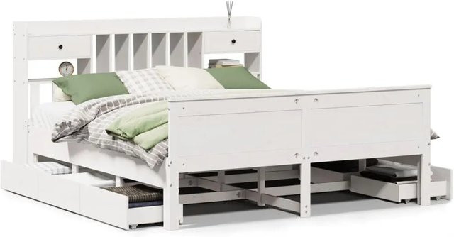 vidaXL Massivholzbett aus Kiefer mit Kopfteil inklusive Regal und Schubladen, Weiß, B: 180 cm, T: 200 cm, H: 110 cm - Bild 1