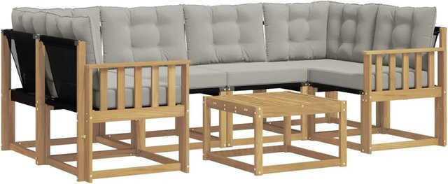 vidaXL Outdoor-Sofagarnitur 7-teilig in L-Form aus Akazienholz und Textilene mit Kissen in Weiß und Hellgrau - Bild 1