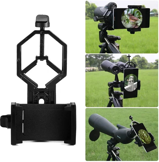 VIKEFON Universal Handy Ständer Adapter Clip in Schwarz zur Montage an Fernglas, Monokular, Spektiv und Teleskop - Bild 1