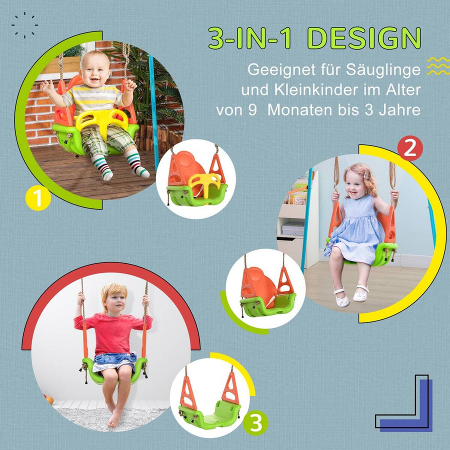 Outsunny 3-in-1 Babyschaukel mit verstellbarem Seil, Grün und Orange, B/H/T: 34 x 180 x 48 cm - Bild 3