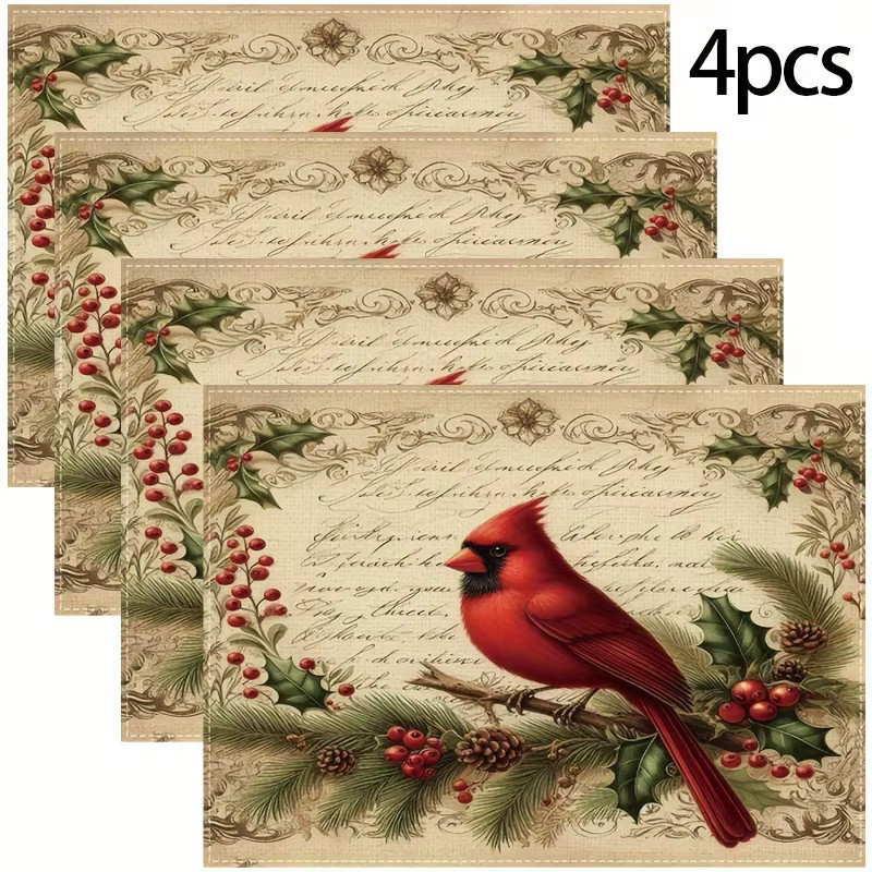 VIKAMA 4-teiliges Weihnachts-Tischset mit Robin, Stechpalme und Tannenzweig Muster in Multicolour im Vintage-Design - Bild 2