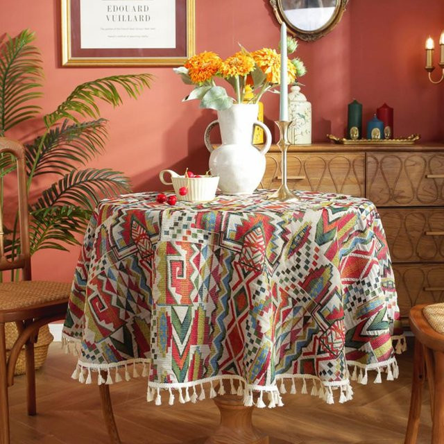 Runde Tischdecke Super Six im Retro-Jacquard-Stil mit floralem Muster und Quasten, Farbe: Braun/Mehrfarbig, Durchmesser: 90 cm - Bild 1