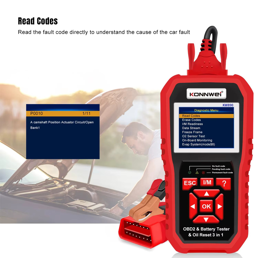KONNWEI KW890 12V OBD2 Batterietester und Auto-Diagnosegerät mit Bluetooth in Rot - Bild 5