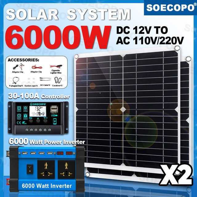 SOECOPO 6000W Solarsystem Kit mit 2x 300W Solarmodulen, 100A Controller und Wechselrichter für Camping und Home in Schwarz - Bild 1