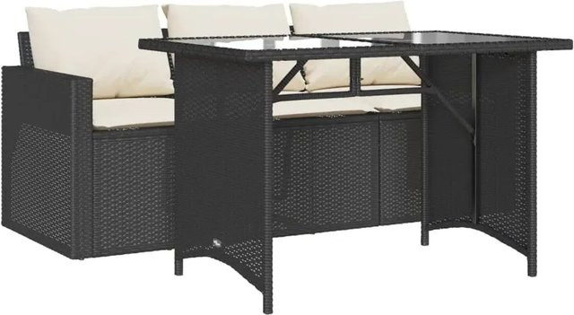 vidaXL 2-teilige Garten-Essgruppe aus Poly Rattan mit Kissen und Hartglas in Schwarz-creme Schwarz - Bild 1