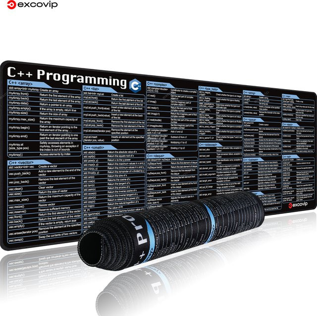EXCO C++ Programmier-Mauspad mit Tastatur-Shortcuts als Spickzettel, Bureaumat mit gestickten Rändern und Antirutschbasis, Schwarz - Bild 1