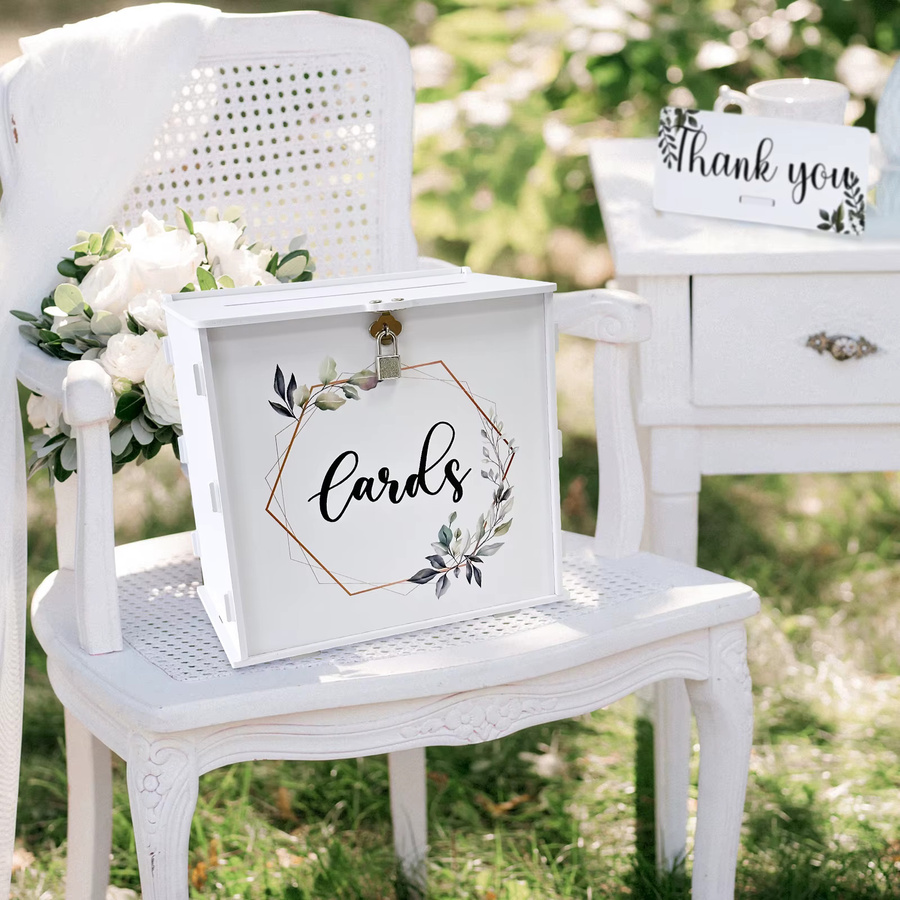 Weiße Hochzeitskartenbox aus PVC mit Schloss und Eukalyptus-Design für Geldkarten und Geschenke - Bild 3