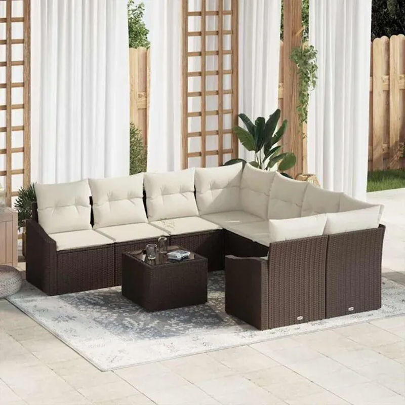 Vidaxl Polyrattan Garten-Sofa-Set mit 9 Kissen in Braun und Beige, Loungemöbel, B/T/H: 55 x 55 x 37 cm - Bild 1