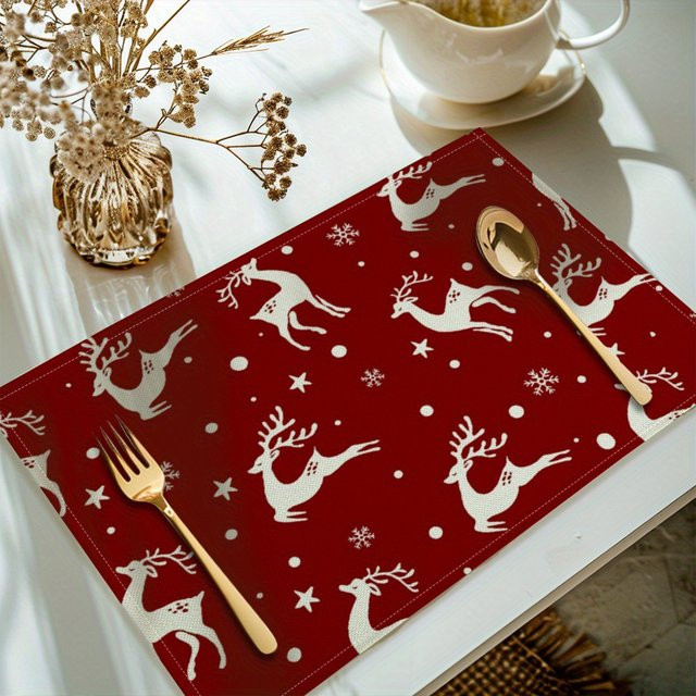 VIKAMA 4er Set Weihnachts Tischsets aus Leinen mit Rentier und Schneeflocken Motiv in Rot - Bild 1