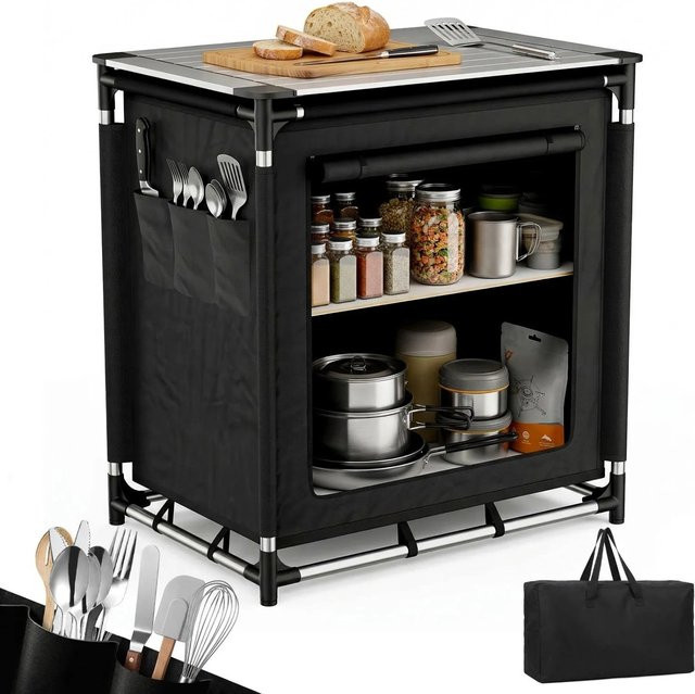 Sekey Campingschrank Faltbare Campingküche mit Aluminiumgestell und Aluminium-Arbeitsplatte in Schwarz - Bild 1