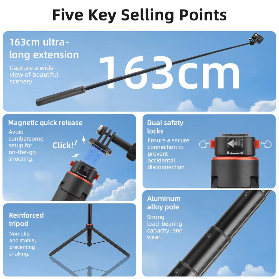 Flymile Ausziehbarer Selfie-Stick und Stativ für DJI Action 5 Pro und Pocket 3/4 in Schwarz - Bild 2