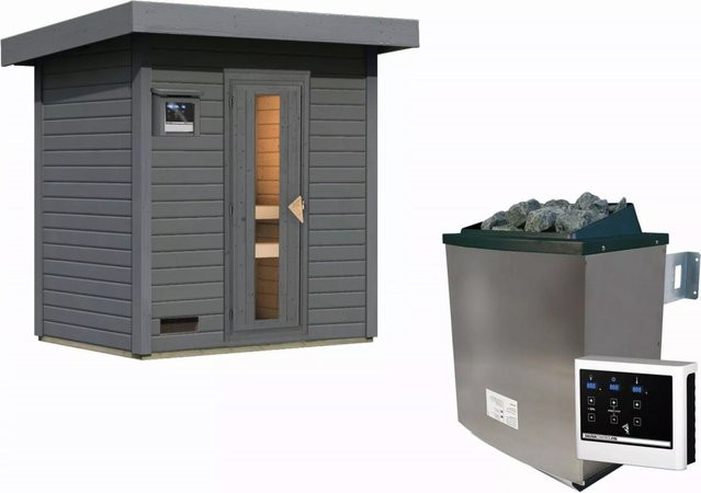 Karibu Saunahaus HYTTI 1 in Terragrau mit 9.0 kW Ofen und Steuergerät, B/T: 196 x 146 cm - Bild 1