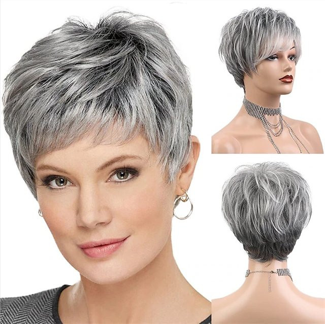 HAIRJOY Kunsthaar-Perücke, Pixie-Schnitt, kurz, lockig, grau, Damen - Bild 1