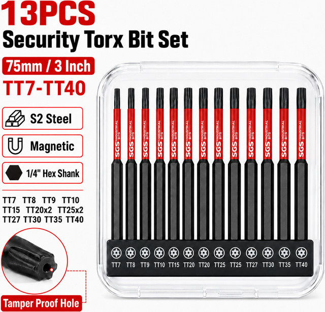 SGS 13-teiliges Sicherheits-Torx-Schraubendreher-Bit-Set aus S2-Stahl, TT7-TT40 Manipulationssichere Sternbits mit 1/4 Zoll Sechskantschaft und Aufbewahrungsbox, Länge: 75 mm - Bild 1