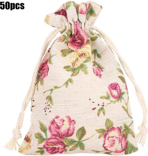 50 Stück Jutebeutel mit Kordelzug in Braun mit Blumenmuster aus Leinen und Jute als Schmuckverpackung für Hochzeiten oder Weihnachten - Bild 1