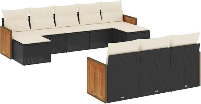 vidaXL 10-teilige Garten-Sofagarnitur aus Poly-Rattan und Akazienholz in Schwarz mit Polsterkissen und Stauraum - Bild 1
