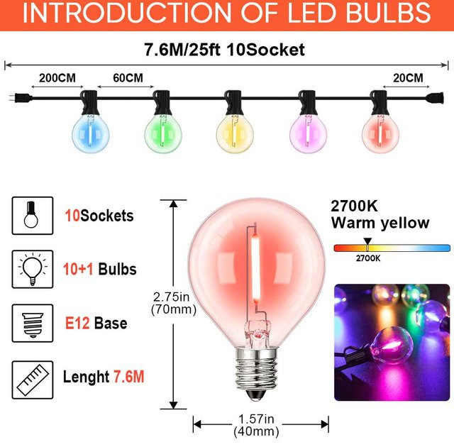 Grensk LED G40 Weihnachts-Lichterkette mit mehrfarbigen Globus-Glühbirnen E12 für die Außenbeleuchtung im Garten und zur Feiertagsdekoration - Bild 1