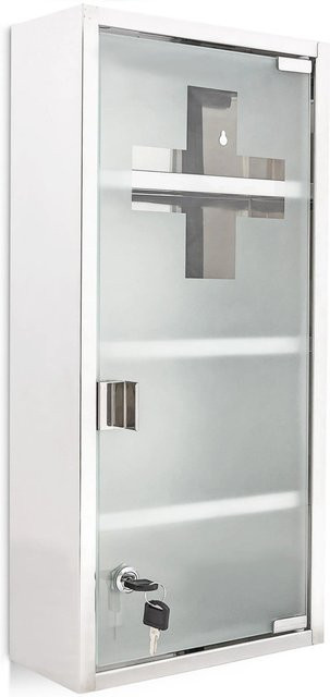 Relaxdays Medizinschrank aus Metall mit Glastüren und Schloss in Silber, B/H/T: 57 x 27 x 12 cm - Bild 1