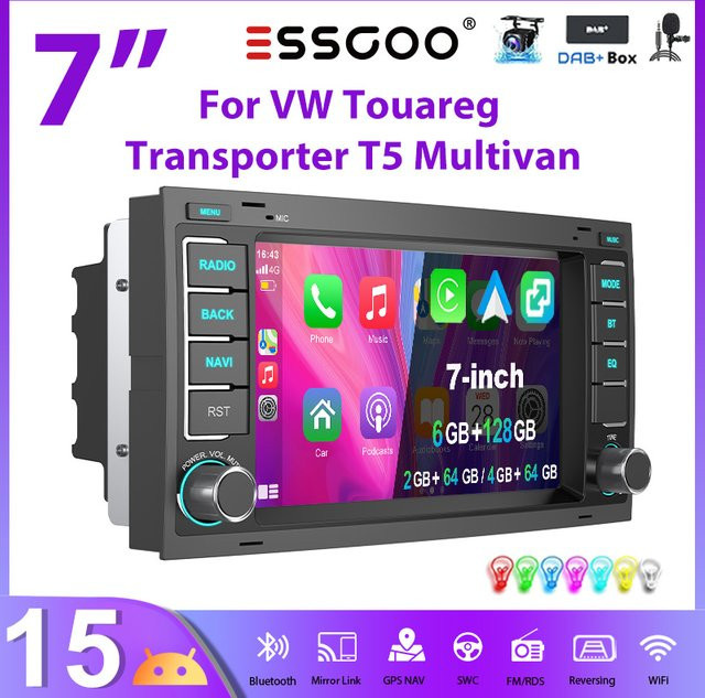 ESSGOO Android 15 Autoradio mit 7 Zoll Touchscreen für VW Touareg 2003–2010 und T5 Multivan/Transporter 2003–2015, Schwarz, mit Wireless CarPlay, Android Auto, GPS, Bluetooth und Navigation - Bild 1