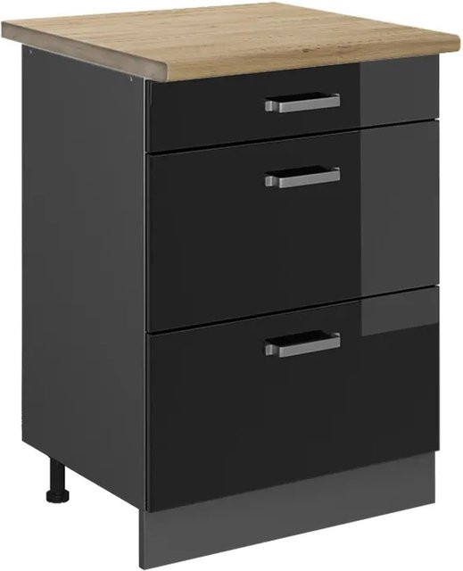 Vicco Küchenunterschrank R-Line in Schwarz Hochglanz und Anthrazit mit Eiche-Optik und Schubladen, Breite: 60 cm, Höhe: 81,6 cm, Tiefe: 60 cm - Bild 1