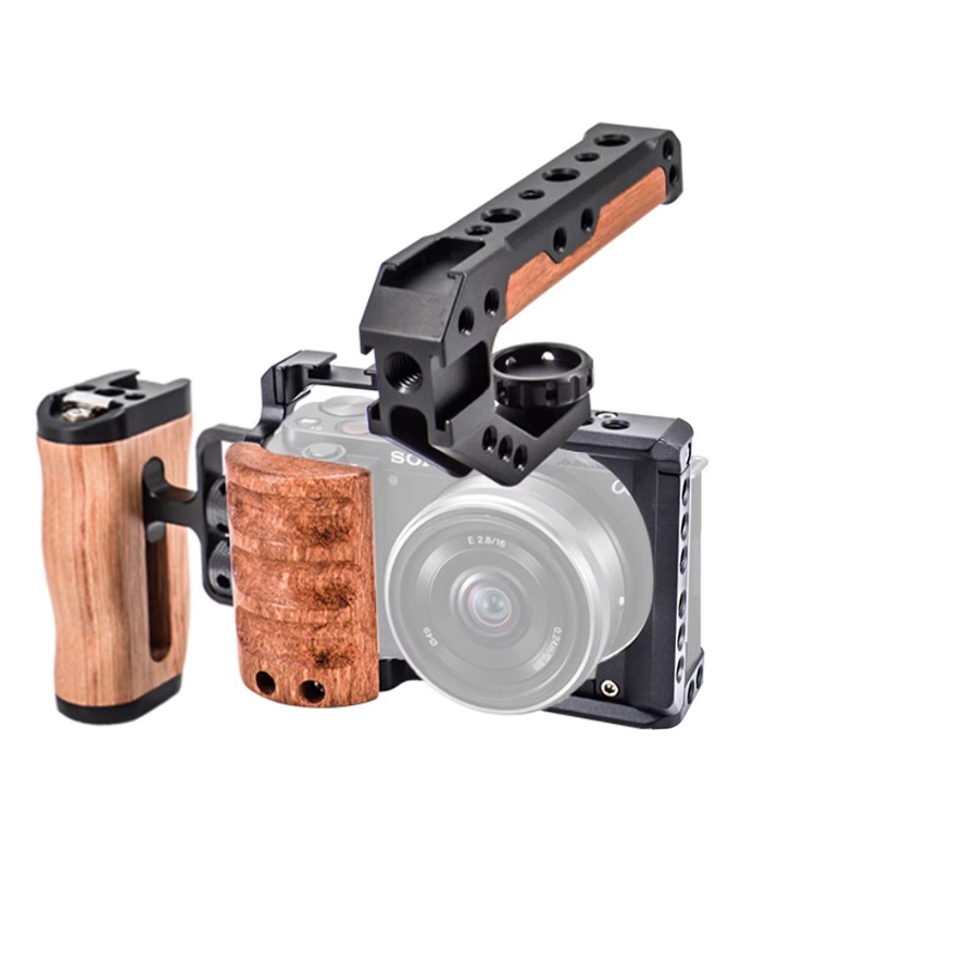 Probty Kamera-Käfig mit Holzgriff für Sony ZV-E10 in Schwarz mit Kaltschuh und Schnellwechselplatte - Bild 3