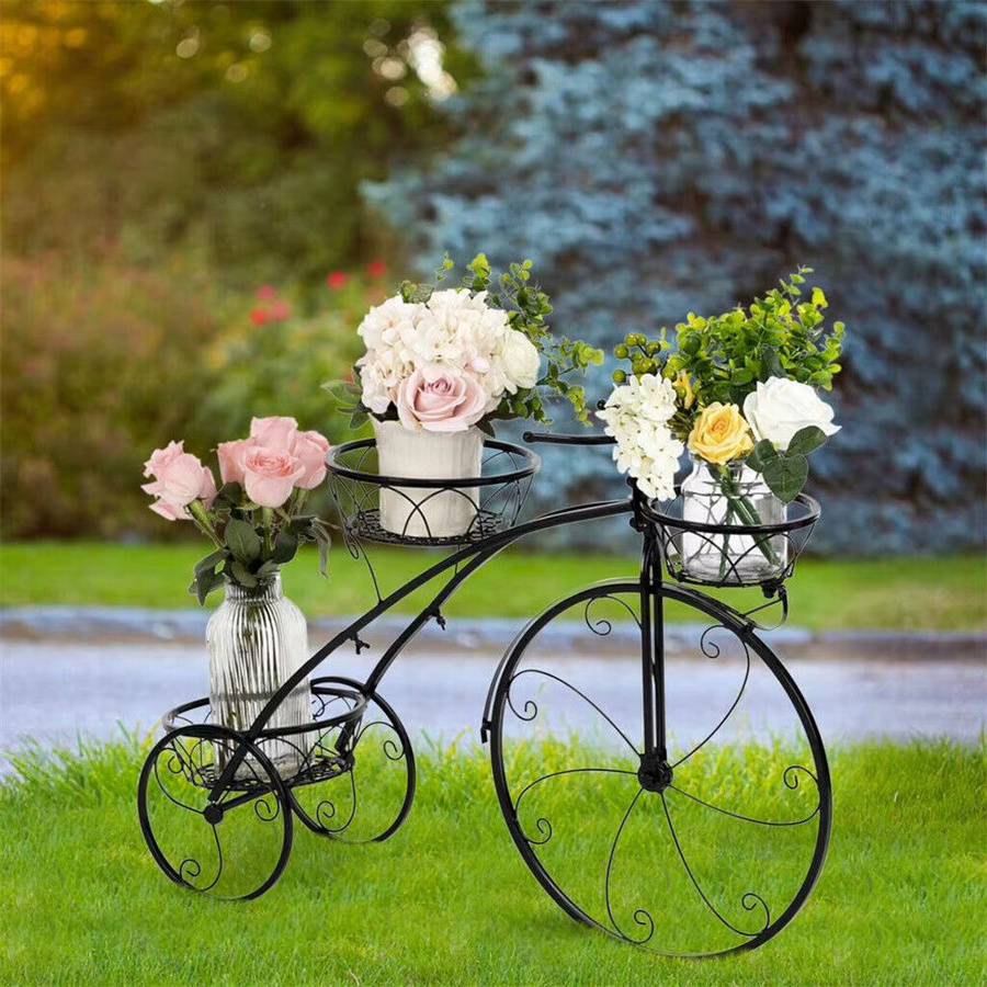 Wisfor 3-stufiger Gartenblumenständer in Fahrradform aus Eisen, Schwarz Matt, Vintage Pflanzenregal für Innen und Außen - Bild 2