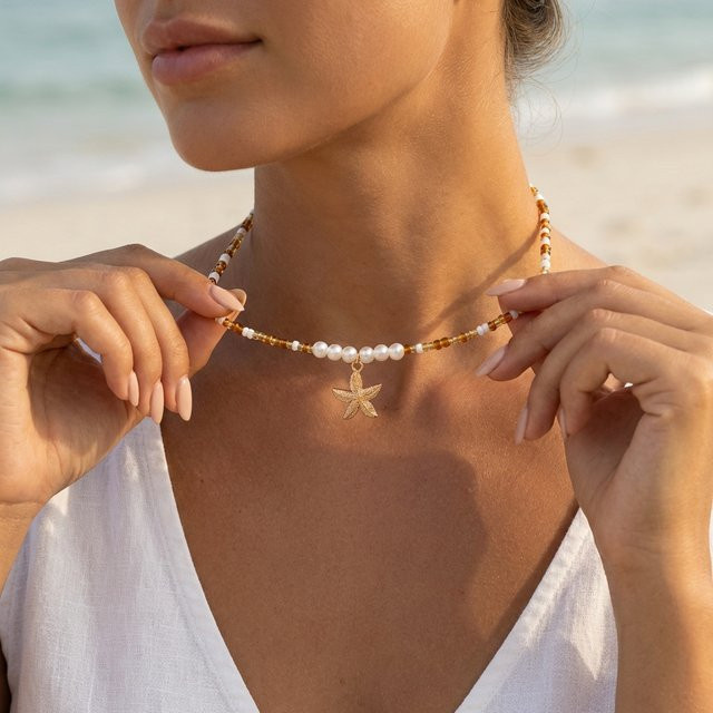 Rinhoo Choker Halskette, Goldfarben, Perle, Seestern-Anhänger, Damen - Bild 1