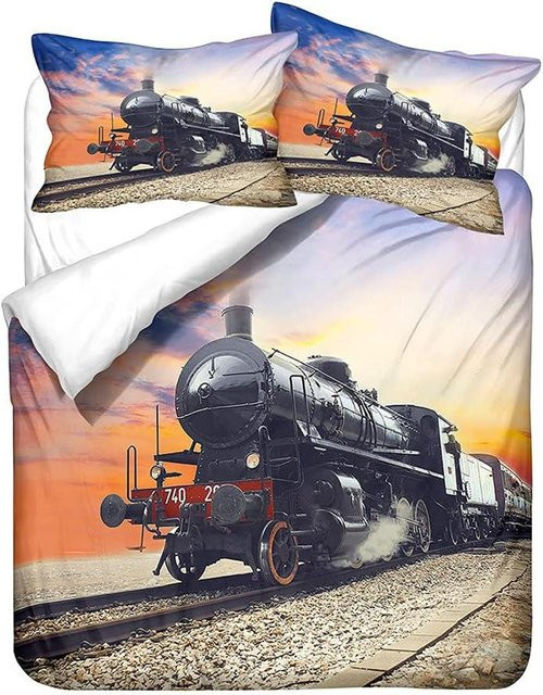 JMG Household Supplies Bettwäsche-Set mit 3D Zug-Digitaldruck aus Mikrofaser, Retro Dampfzug Design, Mehrfarbig, B/H: 135 x 200 cm - Bild 1