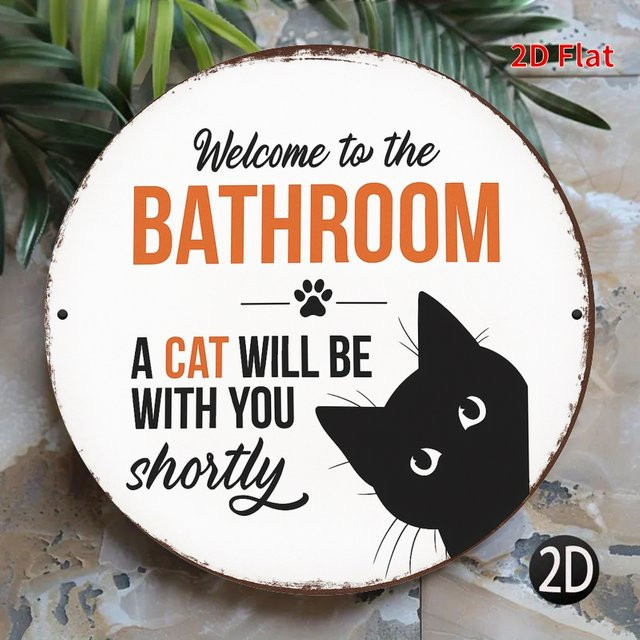 Potdemiel Rustikale Katzen Wandkunst Willkommen im Badezimmer aus Metall mit Pfotenabdruck Design, Durchmesser: 20 cm - Bild 1