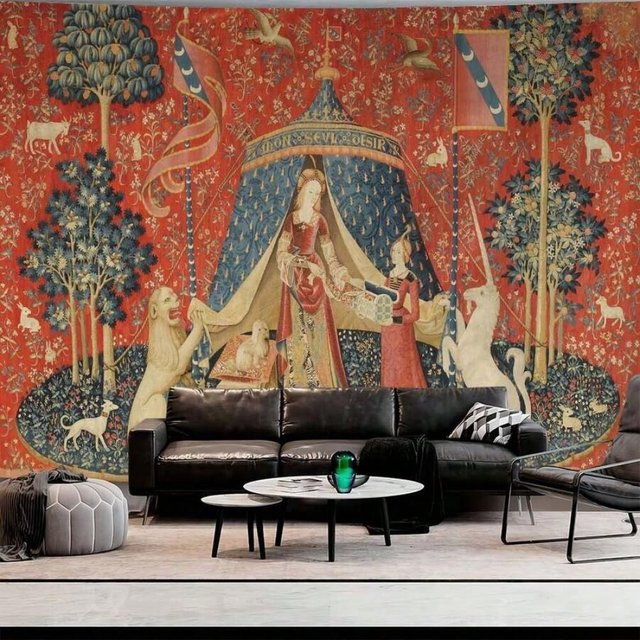 VIKAMA Wandteppich Mittelalterliche Dame und Einhorn im Vintage-Stil mit floralen Motiven in Rot - Bild 1