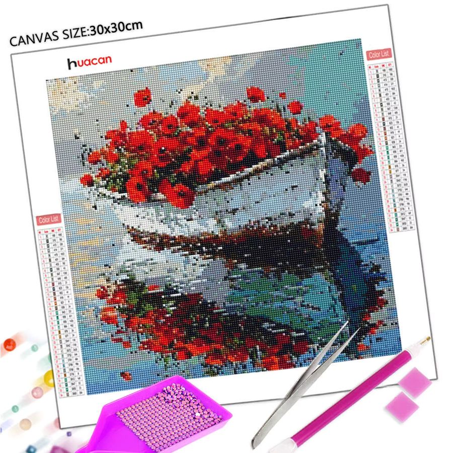 Huacan DIY Diamantmalerei Schiff und Blumen Mosaik Dekoration, 20 x 20 cm - Bild 2