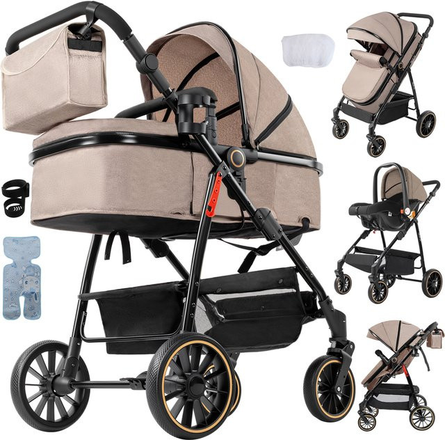 3in1 Kinderwagen Kombikinderwagen für Neugeborene in Schwarz mit Verdeck und Einhand-Faltmechanismus - Bild 1