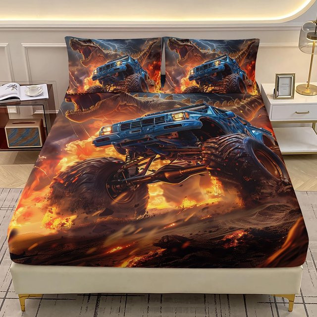 Binchi Fitness Kinder Monster Truck Spannbettlaken-Set mit Kissenbezügen, 3D Weltraum Galaxie Dinosaurier Design, Mehrfarbig, B/T: 120 x 200 cm - Bild 1