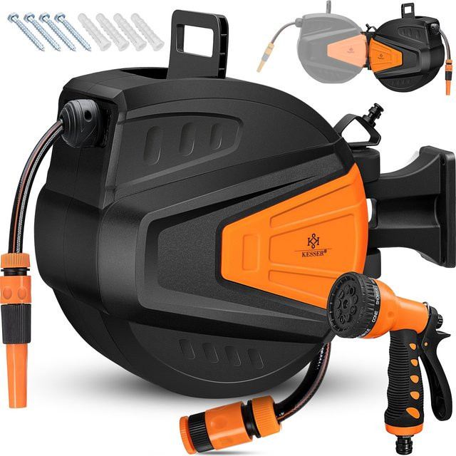KESSER Schlauchtrommel Automatik mit 2-Wege-Verteiler, Multi-Handbrause und Wandhalterung, 180 Grad schwenkbar, Orange - Bild 1