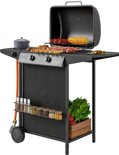 Outsunny Gasgrill mit 3 Brennern und Seitenkocher, BBQ Gartengrill mit 2 Heizzonen, Thermometer und Seitenablagen, B/H/L: 54 x 96 x 107 cm - Bild 1