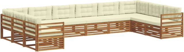 vidaXL Sofagarnitur aus Massivholz Akazie in U-Form, 10-teiliges Set in Natur und Creme mit Sitz- und Rückenkissen - Bild 1