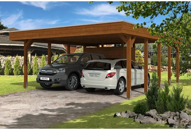 Skan Holz Carport Friesland Set 4 in Nussbaum Braun mit flacher Dachform und Abstellraum, Breite: 557 cm, Tiefe: 708 cm, Höhe: 254 cm - Bild 1